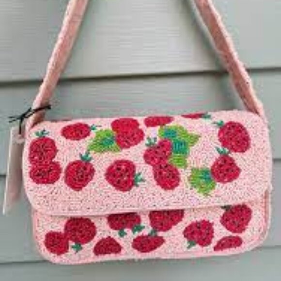 Viral beaded pink red strawberry embellished Anthro bag Handcrafted in India - Picture 2 of 5